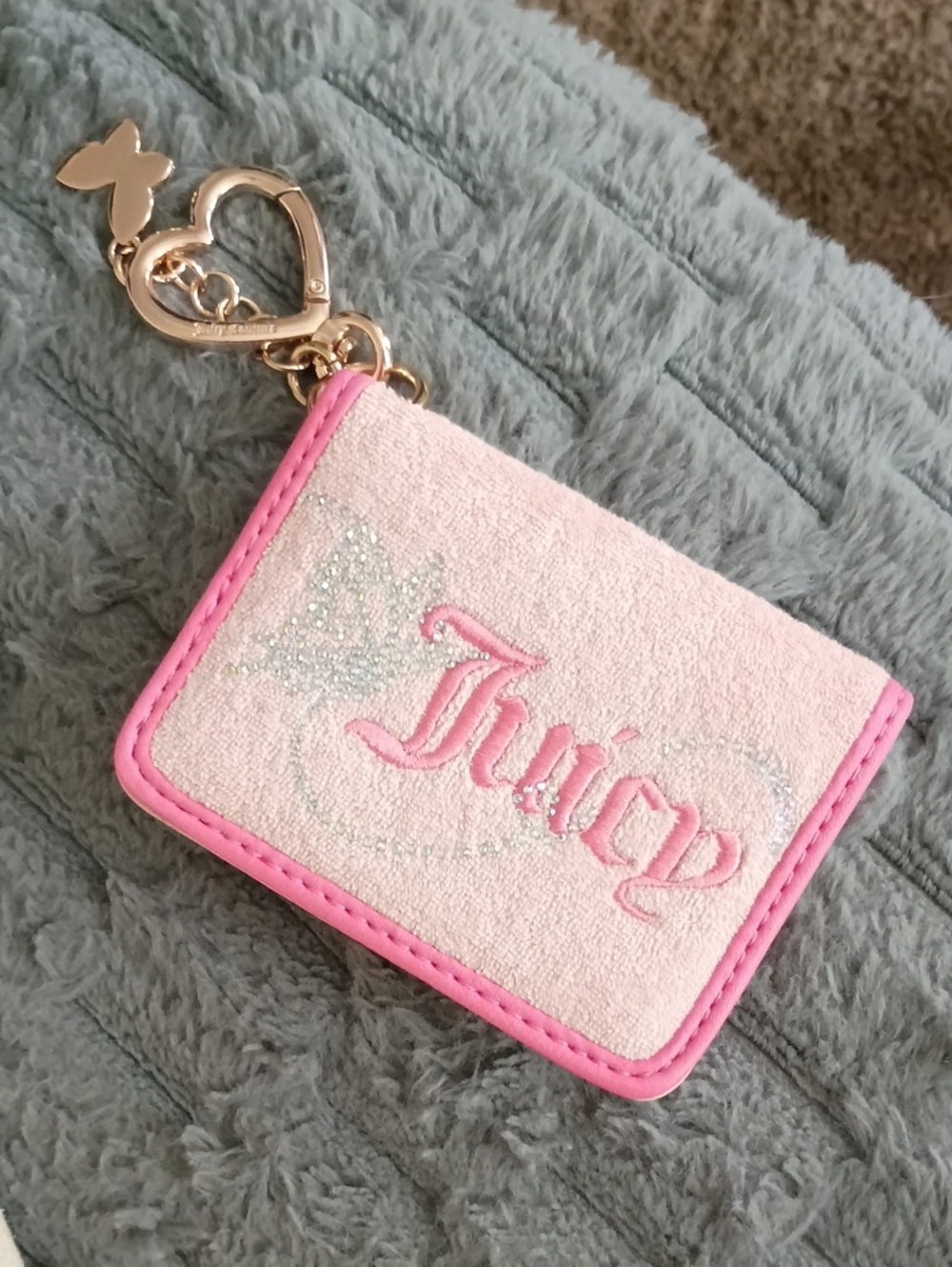 Juicy Couture Pink Glitter Logo Card Holder Keychain with Gold Heart Clasp